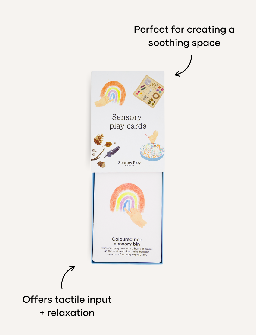 Sensory Play Australia's Sensory Play Cards, showing ideas for tactile play like sensory bins, fostering relaxation.