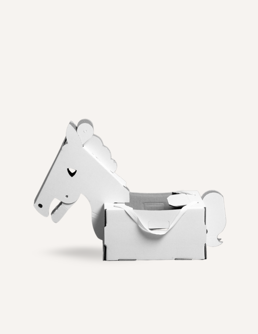 A white cardboard horse toy, assembled, displayed on a white background.