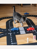 A kitten walks on a Way to Play flexible road toy track with toy cars. Cute pet interaction with a children's road toy.
