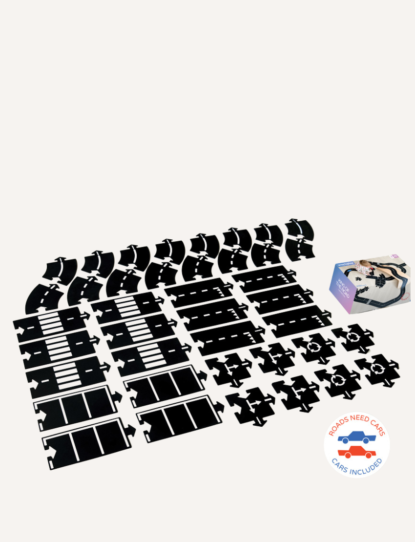 Large set of Way to Play flexible road pieces for building race tracks. Construction toy for creative play.