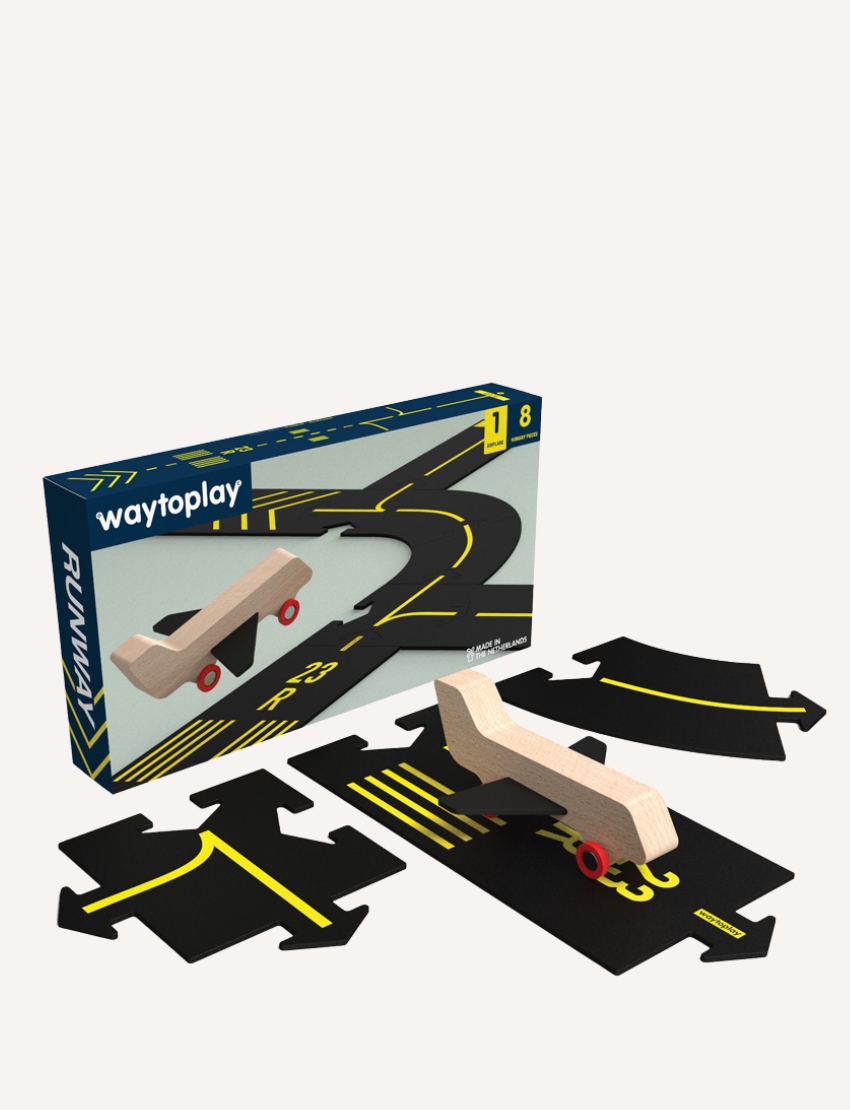Way to Play 'Runway' airport toy set with wooden airplane and track pieces. Creative airport construction toy.