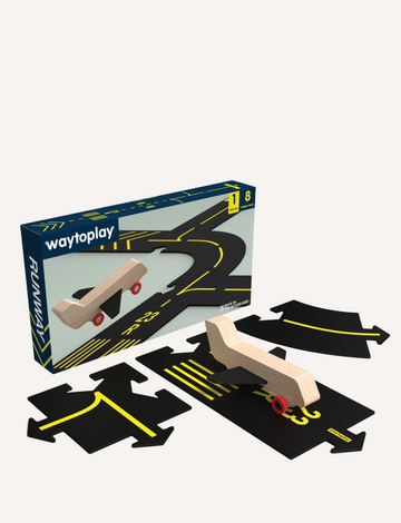 Way to Play 'Runway' airport toy set with wooden airplane and track pieces. Creative airport construction toy.