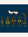 Diagram of Way to Play 'Runway' airport toy set pieces. Includes runway markers and airplane.