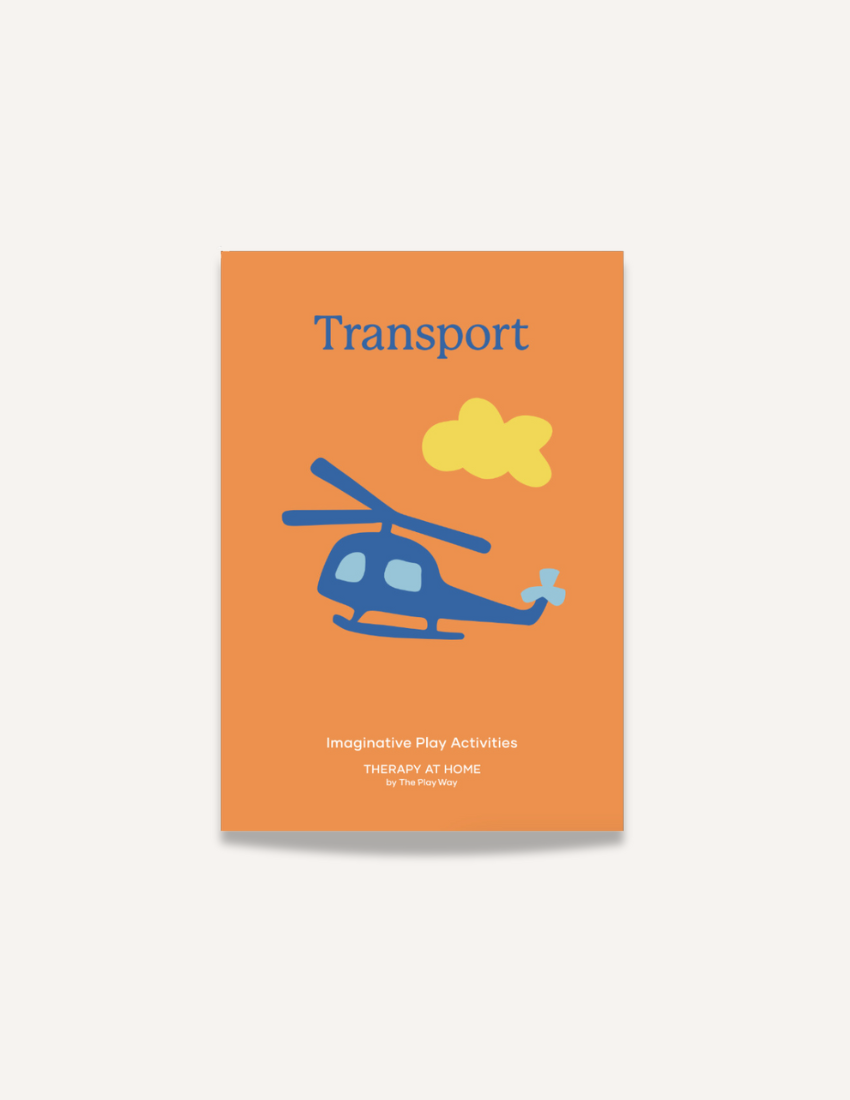 Orange booklet titled 'Transport' with a blue helicopter illustration by The Play Way.