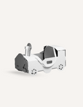 White cardboard 3D train model with grey and dark grey details.