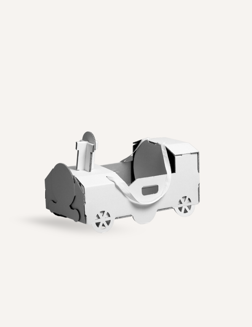White cardboard 3D train model with grey and dark grey details.