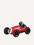 Red vintage toy race car with number 5, black wheels, and a driver in a helmet, displayed on a white background.