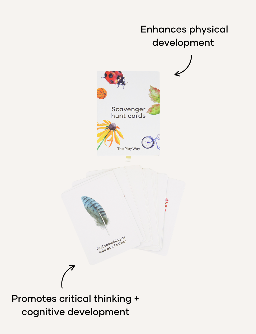 Sensory Play Australia Scavenger Hunt Cards, emphasizing how they enhance physical development and promote critical thinking and cognitive development in children.