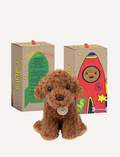 Plush brown poodle sitting in front of yellow packaging boxes, one depicting a rocket ship.