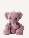Front view of a fluffy pink plush elephant sitting on a white background.