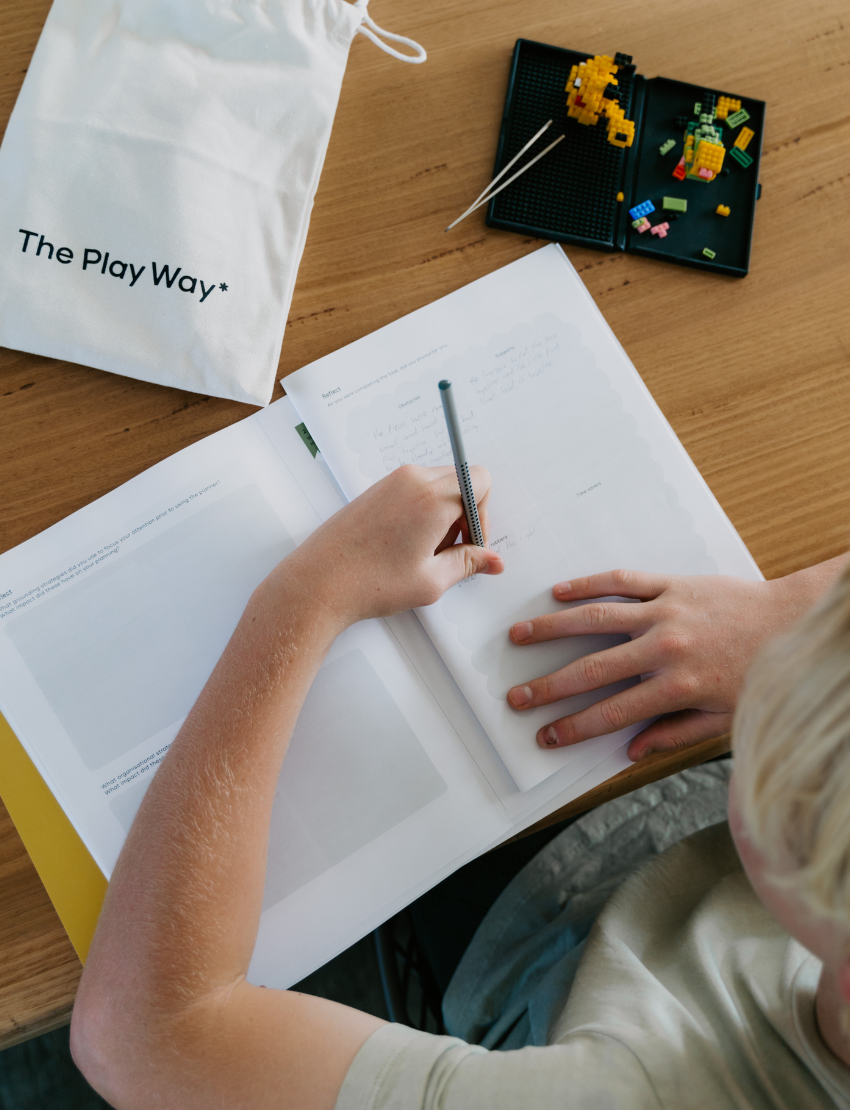 The Nanoblock Program by Therapy At Home includes an open teal box with activity booklets, craft materials, paint pots, modeling clay, stickers, a spinning top, utensils, and a magnetic chart to build executive functioning skills.