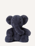 Plush dark grey elephant sitting on a white background.