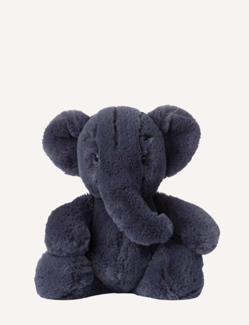 Plush dark grey elephant sitting on a white background.