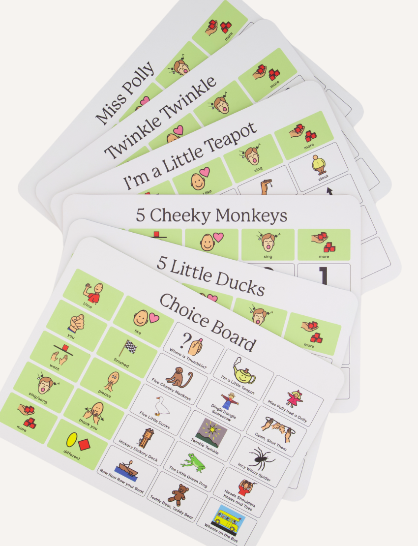 Sensory Play Australia ALD Song Boards box packaging for aided language display, designed to enhance language learning through song.
