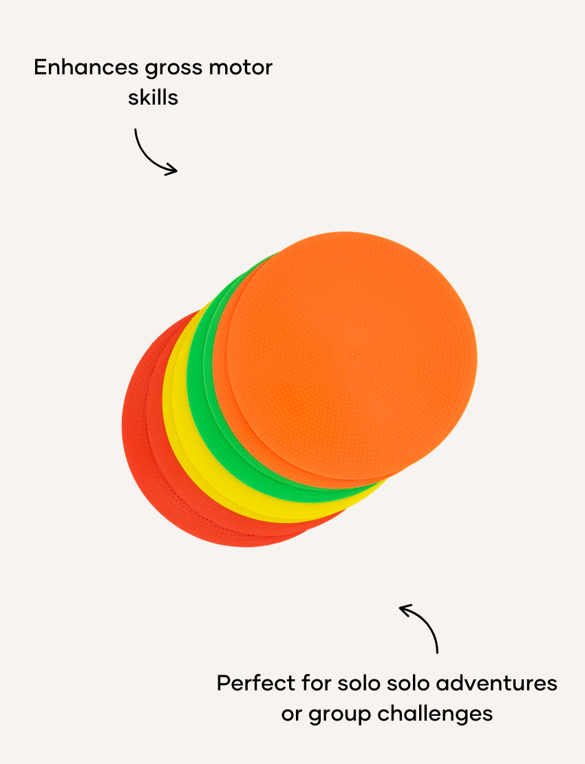 Sensory Play Australia Spot Markers: a box of 10 therapist-designed markers enhancing gross motor skills, balance, and coordination.