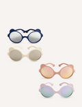 Collection of four pairs of bear-shaped sunglasses in navy, cream, pink, and lilac.
