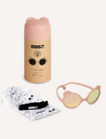 Ki ET LA OurSon baby sunglasses in pink with pouch and case, featuring bear ear design and mirrored lenses.