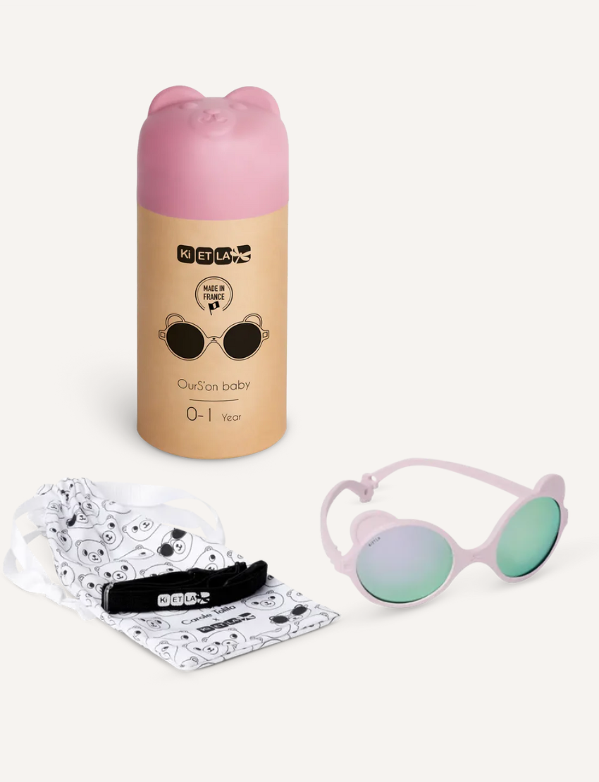 Ki ET LA OurSon baby sunglasses in light pink with pouch & case. Bear ear design, mirrored green lenses.