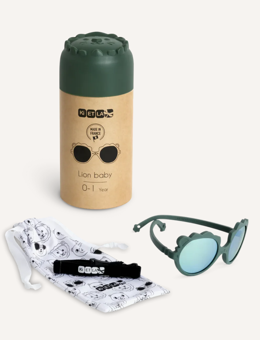 Ki ET LA Lion baby sunglasses in dark green with pouch & case, featuring lion ear design and mirrored green lenses.