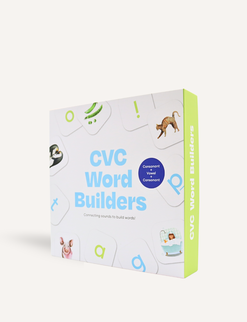 CVC Word Builders Game box from Sensory Play Australia, a tool for teaching early literacy skills and phonics to young learners.