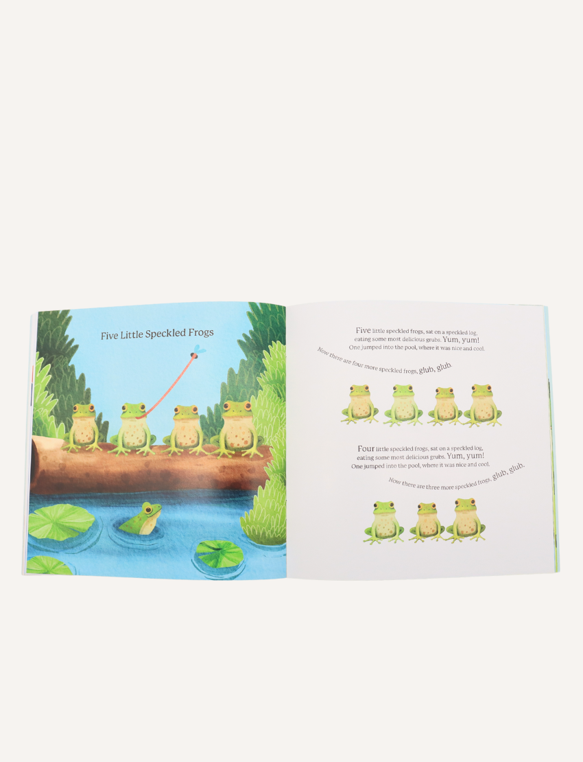 Sensory Play Australia Nursery Rhymes for Kids Storybook, with a vibrant cover illustration of frogs, encouraging language development.