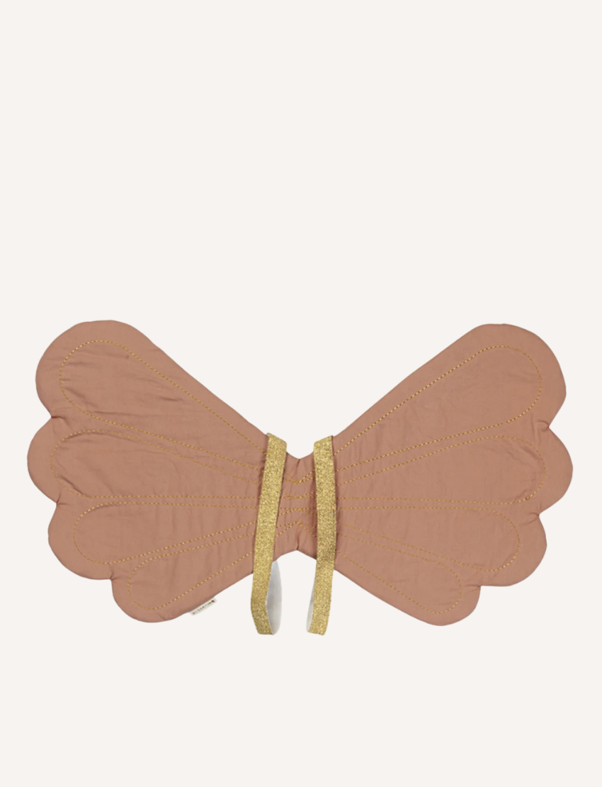 Soft, dusty rose fairy wings with gold stitching and ribbon ties, on a white background.
