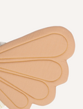 Close-up of dusty rose fairy wings with intricate gold stitching, showing texture.