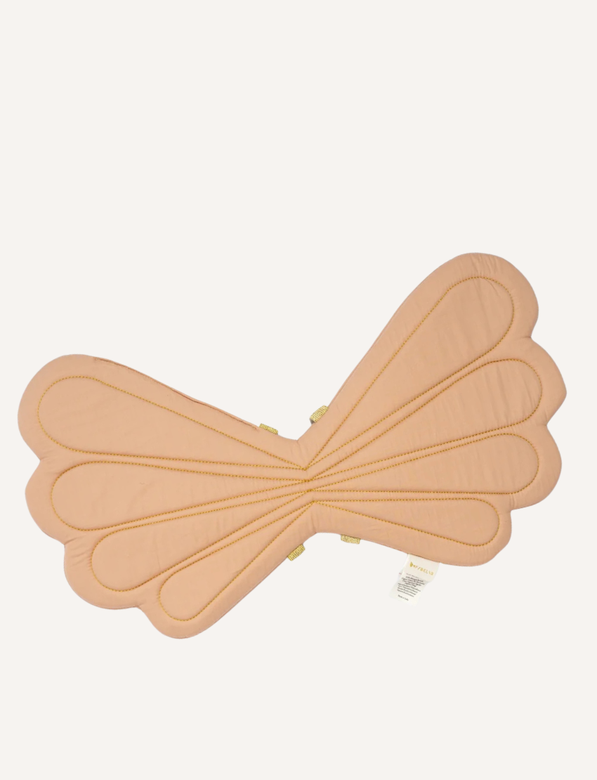 Dusty rose colored fairy wings, designed with scalloped edges and golden stitching detail.