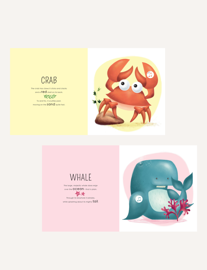 Children's book pages with illustrations of a crab and a whale, describing their features and habitats.