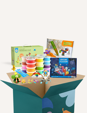 The Play Way's Fine Motor Practice Play Kit, therapist-designed, open, featuring modeling clay, 3D pen, and excavation. Enhances dexterity.