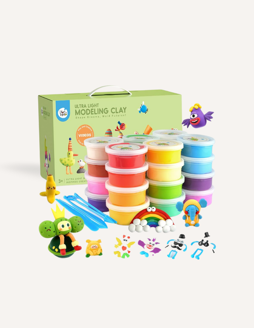 Ultra Light Modeling Clay kit with multiple colors of clay, tools, and created figures.