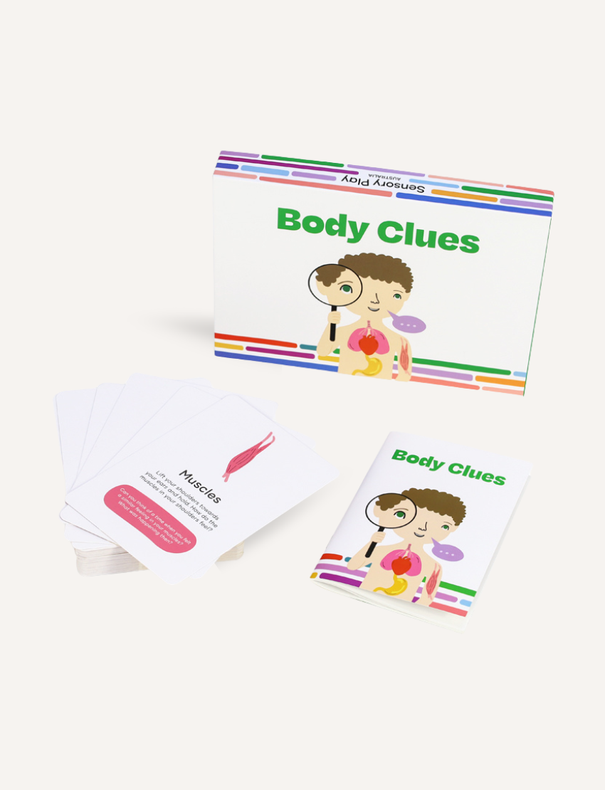 Body Clues Card Set box by Sensory Play Australia. Engaging children in self-awareness and understanding body signals through play.