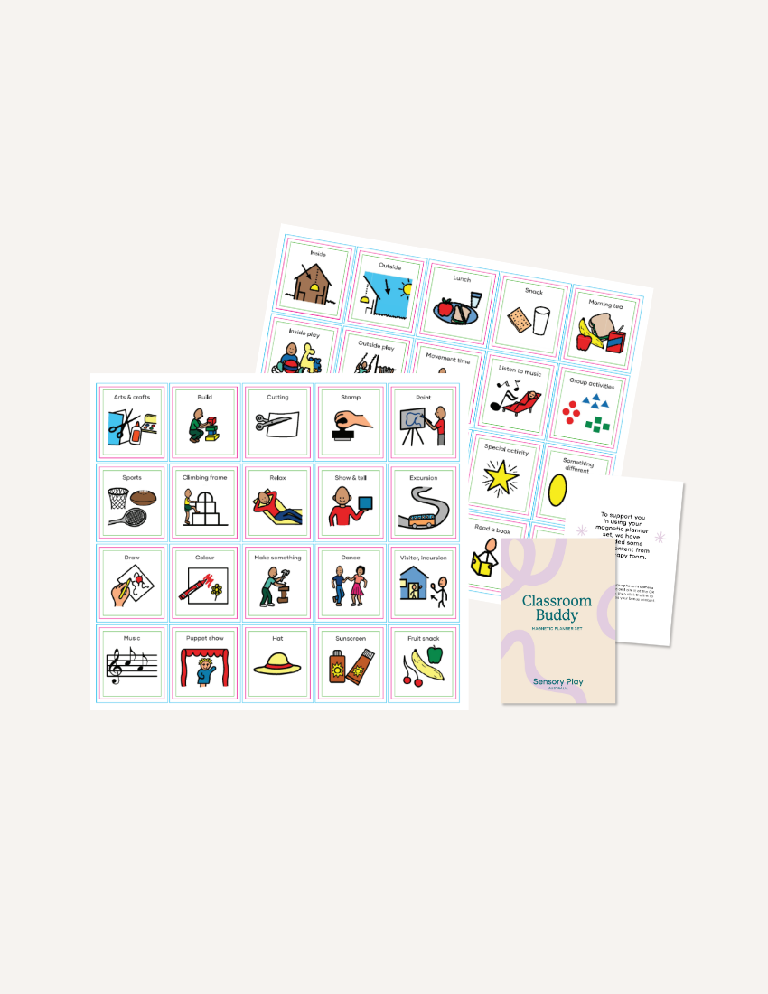 Sensory Play Australia's Kinder Routine Magnet Set with Classroom Buddy guide, a therapist-designed tool for visual daily schedules.
