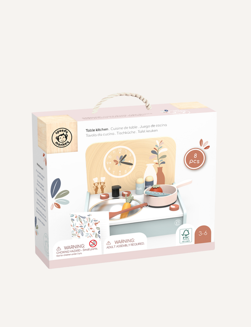 Speedy Monkey table kitchen playset box with graphics of the toy, detailing its features and age recommendation (3-6).