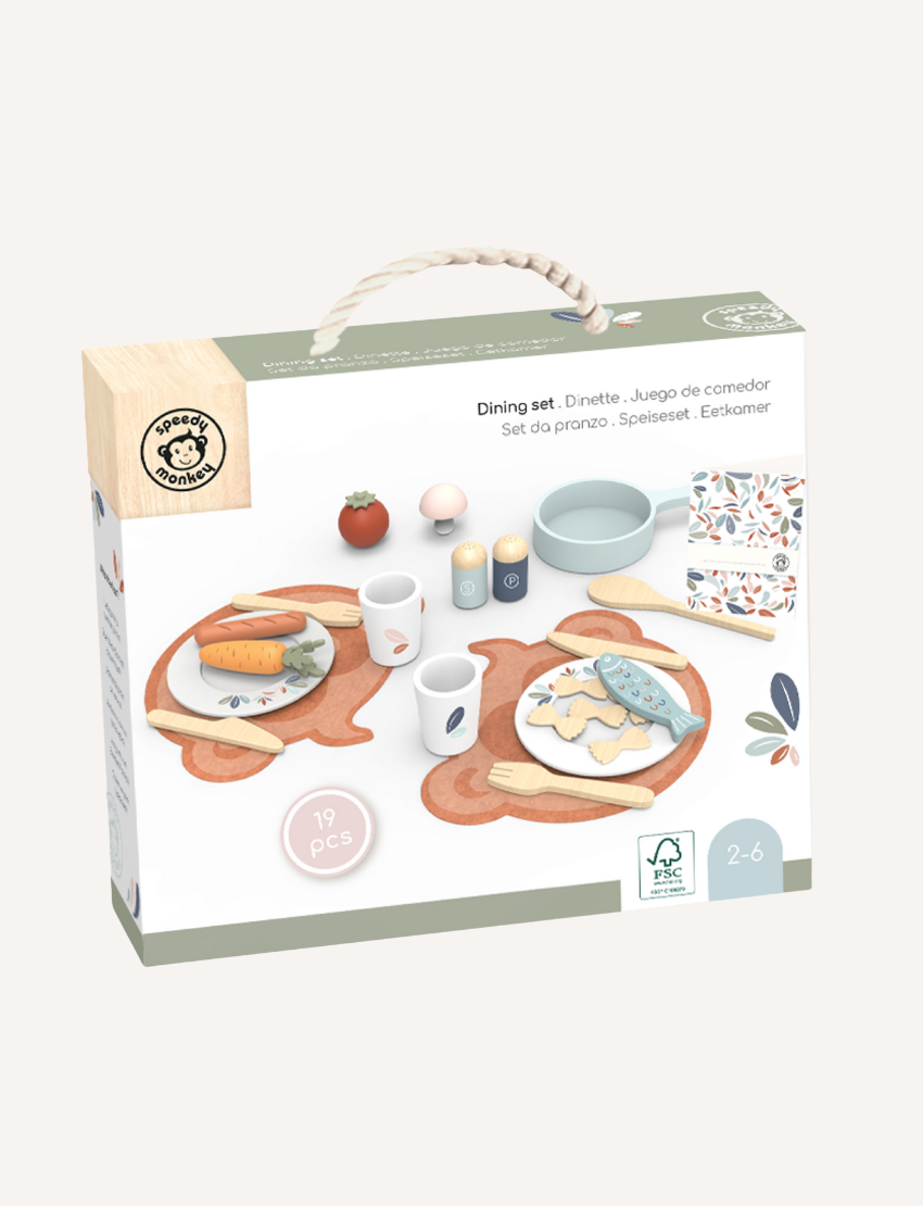 Speedy Monkey dining set box showcasing a complete play kitchenware set for children aged 2-6, including 19 pieces.