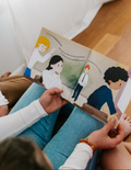 Children read an open page of 'The Buzzing Bees in My Brain' by The Play Way, a therapist-designed book discussing sensory challenges.