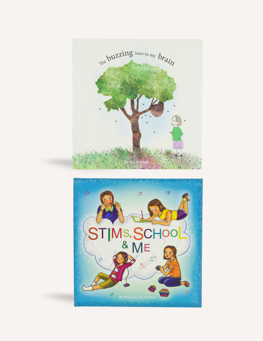 Sensory Play Australia presents their therapist-designed Sensory Support Storybook Bundle, with 'The buzzing bees in my brain' and 'Stims, School & Me' open.
