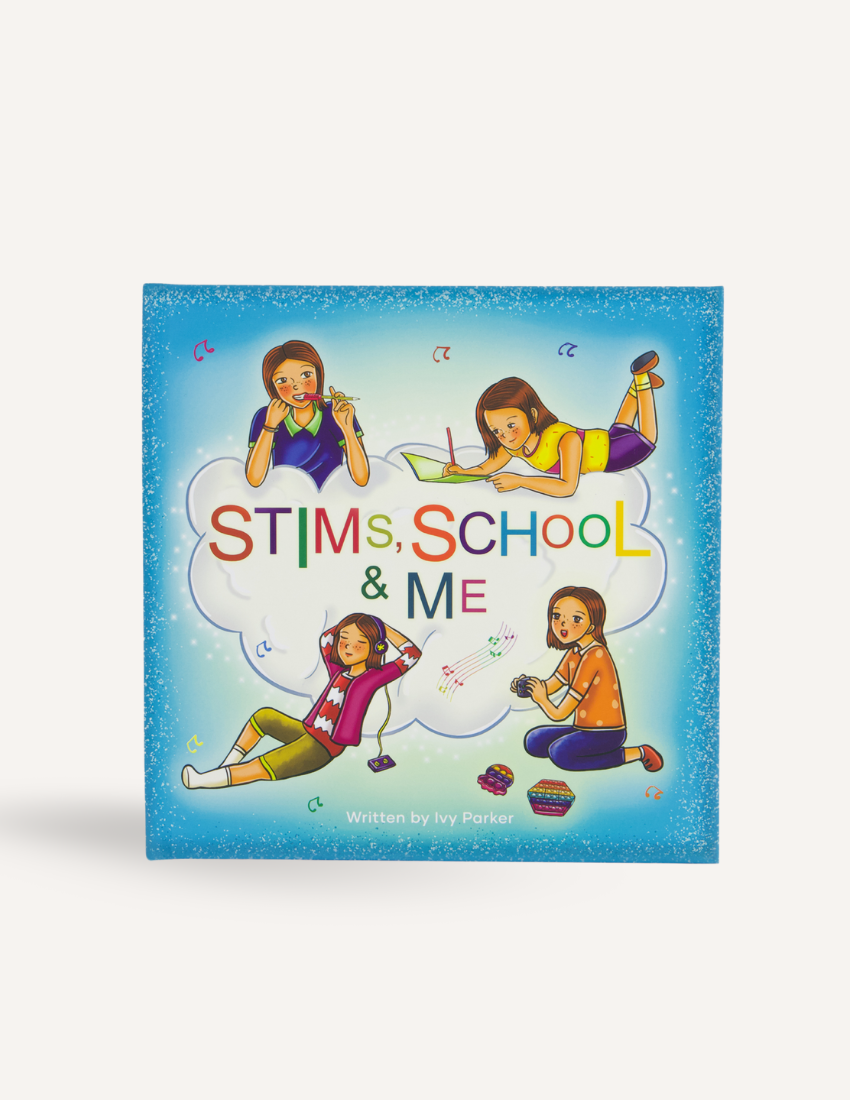 Sensory Play Australia's therapist-designed 'Stims, School & Me' book cover, showing children engaged in activities for sensory regulation.