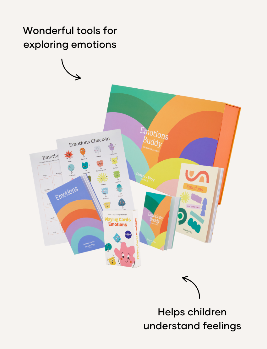 Sensory Play Australia Emotions Buddy Naming Feelings Set: an open box revealing books, cards, and posters for emotional learning.