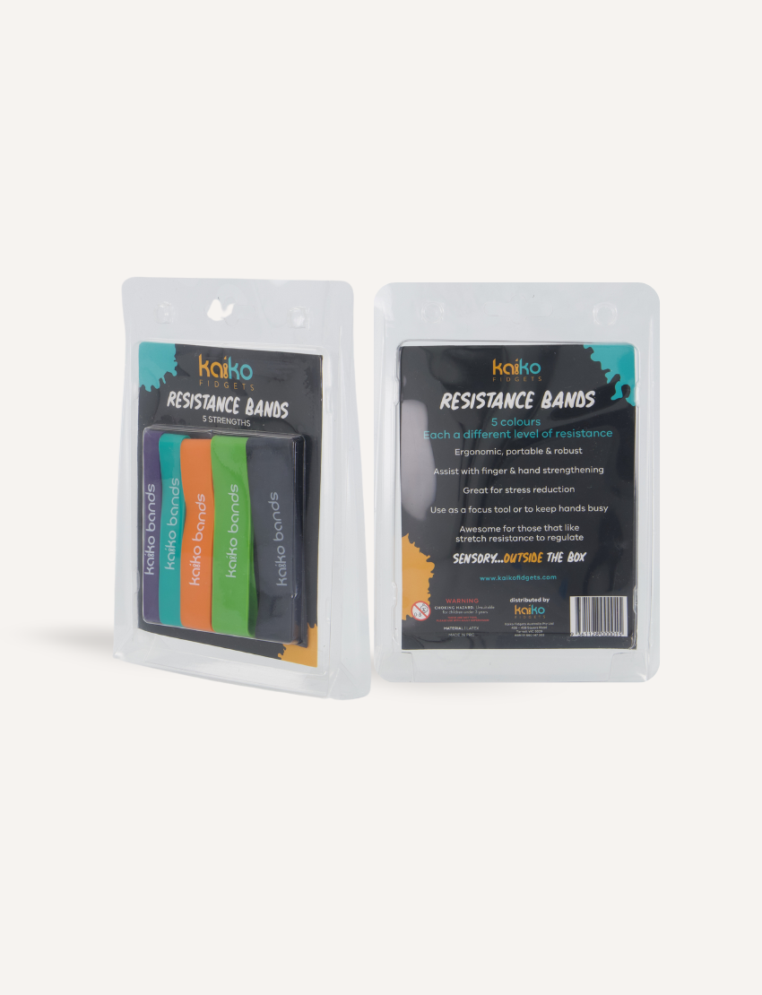 The Play Way Resistance Bands packaging, offering 5 strengths for tactile input and hand strengthening in the Regulation Kit.