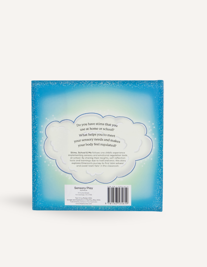 Back cover of Stims, School & Me Storybook by Sensory Play Australia, a therapist-designed tool for kids' self-regulation.