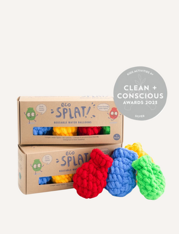 Eco Splat! reusable water balloons in colorful packaging and scattered, with a Silver award sticker.