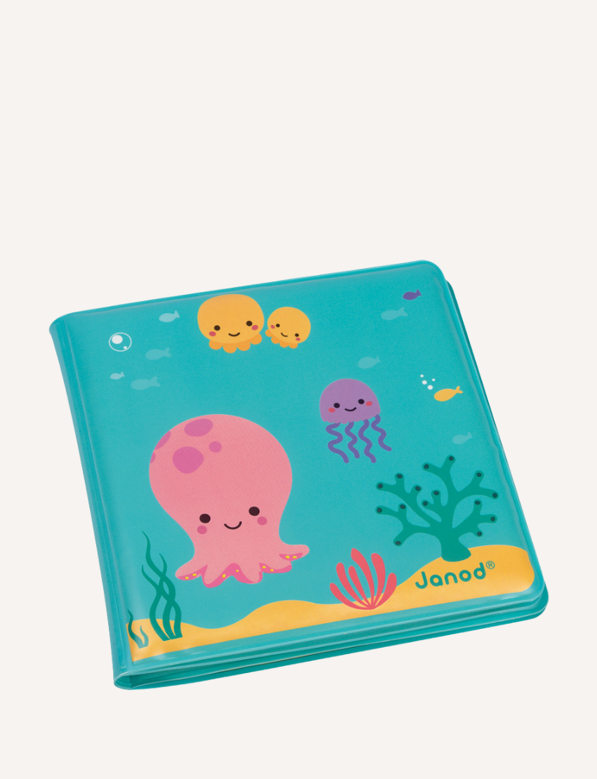 Janod water play book with octopuses and jellyfish on a teal background, featuring cute sea creatures and coral.