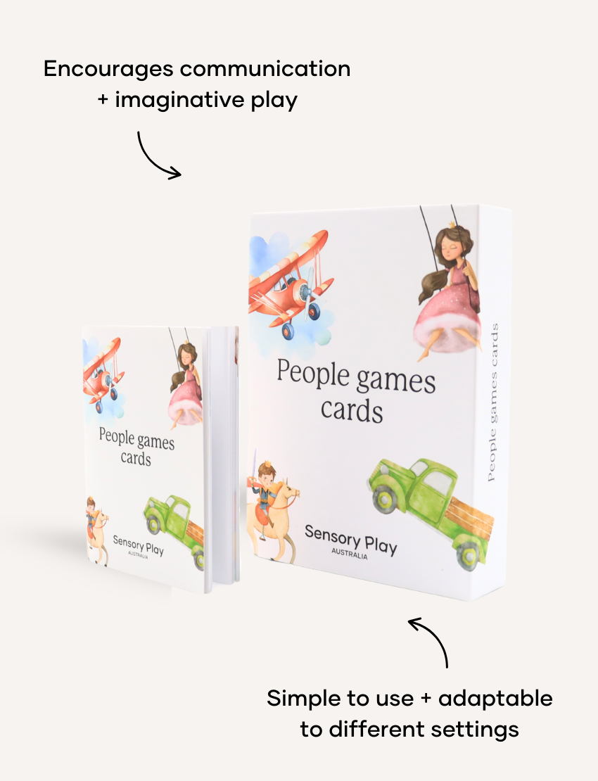 The Play Way People Games Cards Set: Engaging, interactive cards with illustrations of plane, princess, truck, fostering social connection.