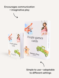 People Games Cards set by Sensory Play Australia, in its box with text highlighting communication and imaginative play benefits.