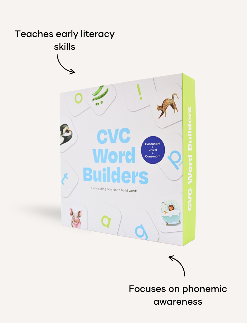 CVC Word Builders Game box from Sensory Play Australia, a tool for teaching early literacy skills and phonics to young learners.