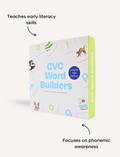 Sensory Play Australia's CVC Word Builders Game box, teaching early literacy skills like phonemic awareness and letter-sound recognition.