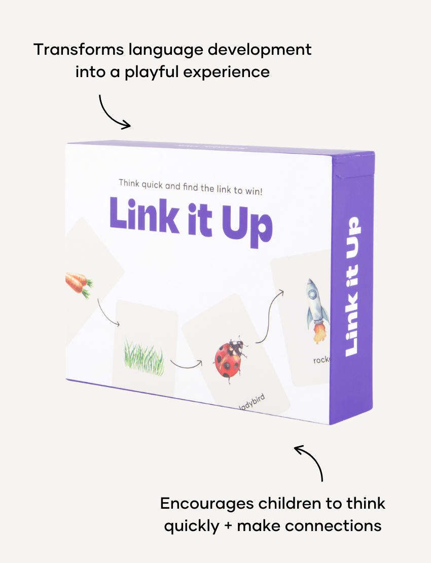 Purple and white 'Link it Up' game box by Sensory Play Australia, a therapist-designed tool. Features illustrated cards like carrot, grass, ladybug, and rocket, enhancing language and critical thinking.
