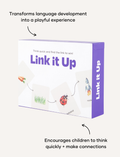 Link it Up' game box by Sensory Play Australia, a therapist-designed tool. It encourages quick thinking and connections, transforming language development into a playful experience.