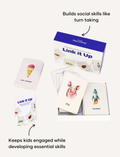 Link it Up' game by Sensory Play Australia, showing ice cream, pig, rocket cards. This therapist-developed tool fosters social skills, turn-taking, and language development through engaging play.